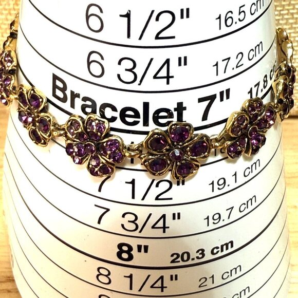 Monet Gold-Tone Floral Bracelet With Purple Rhinestones 7" Fit - Picture 6 of 8